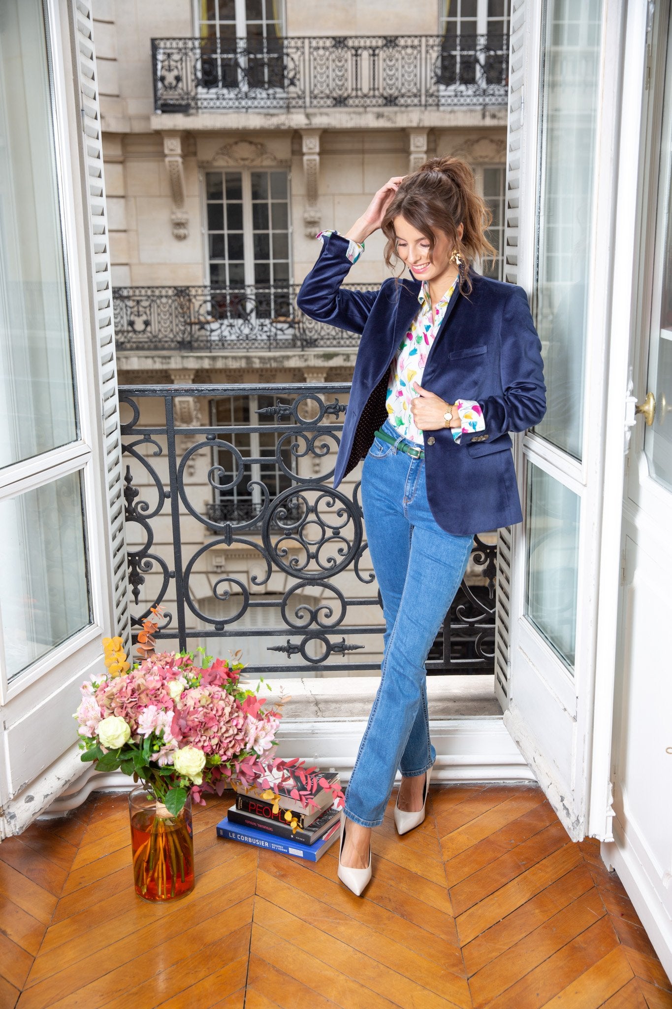 Pantalon Auguste bas évasé en jean bleu moyen-PANTALON FEMME-Curling-Paris