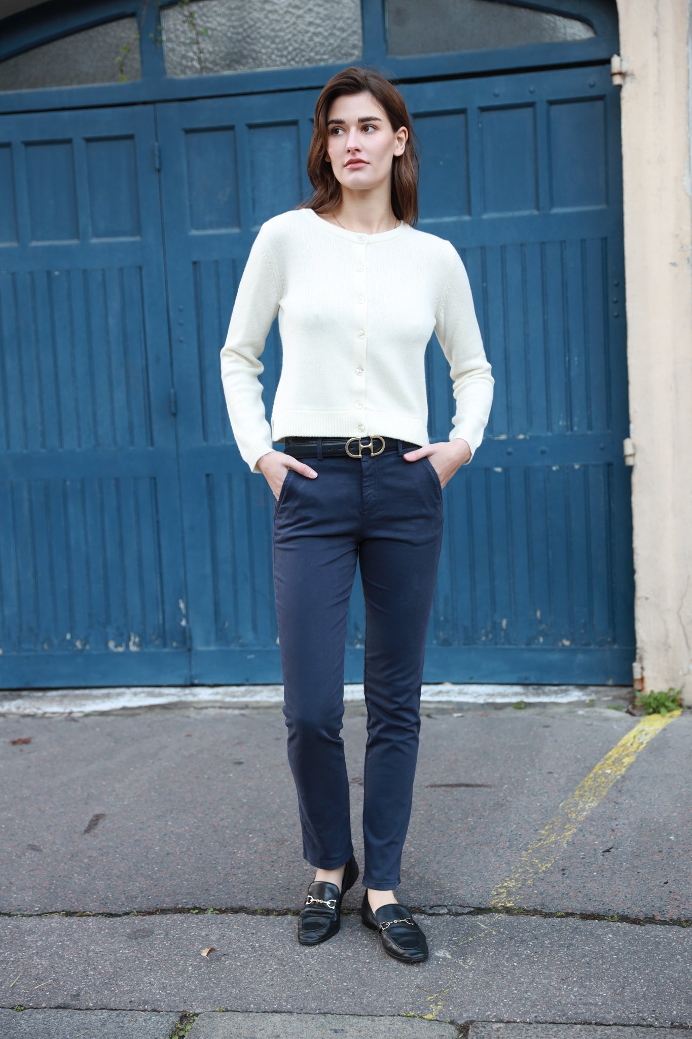 Pantalon Pamela en coton stretch - Marine-PANTALON FEMME-Curling-Paris