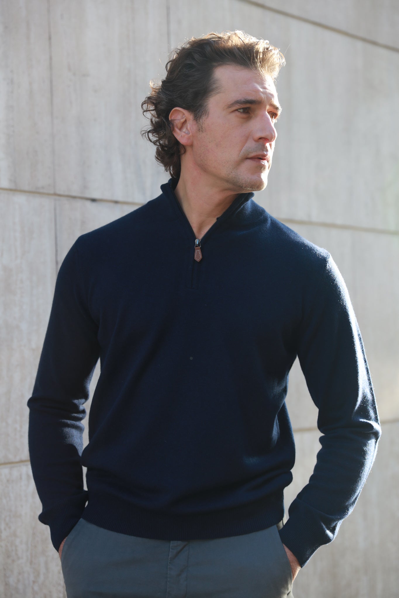 Pull Amar col zippé en cachemire - Marine-PULL HOMME-Curling-Paris