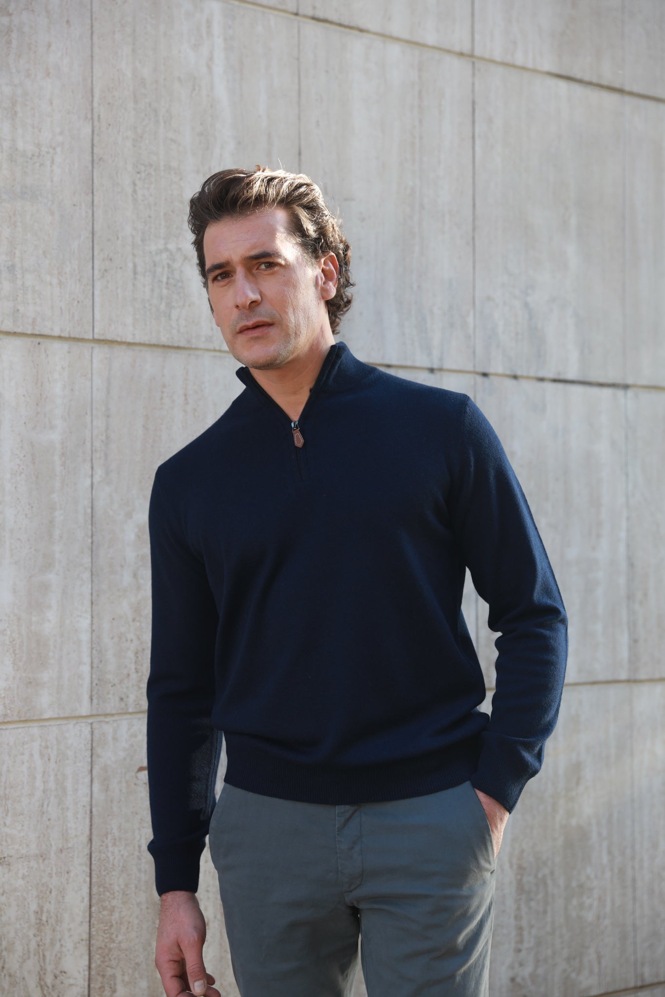 Pull Amar col zippé en cachemire - Marine-PULL HOMME-Curling-Paris