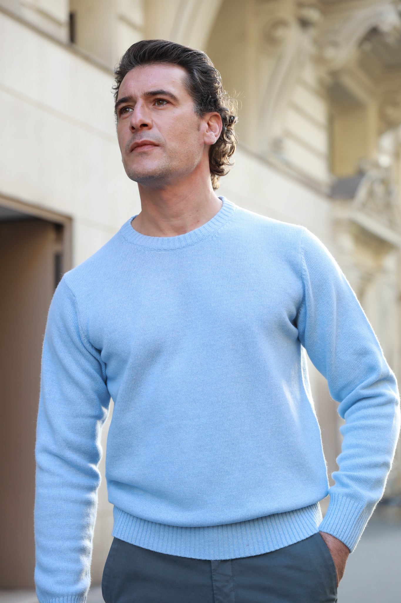 Pull Hugues col rond en laine & cachemire - Ciel-PULL HOMME-Curling-Paris