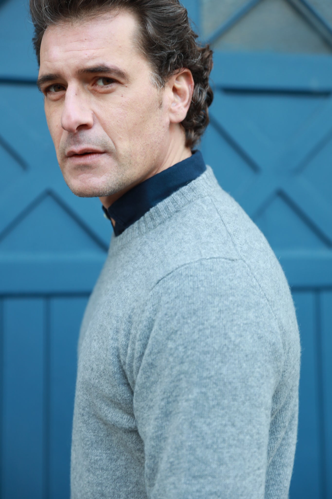 Pull Hugues col rond en laine & cachemire - Gris Moyen-PULL HOMME-Curling-Paris
