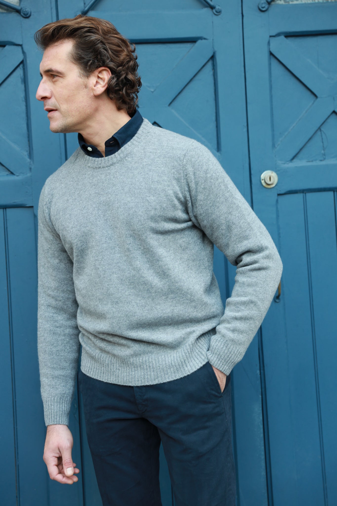 Pull Hugues col rond en laine & cachemire - Gris Moyen-PULL HOMME-Curling-Paris