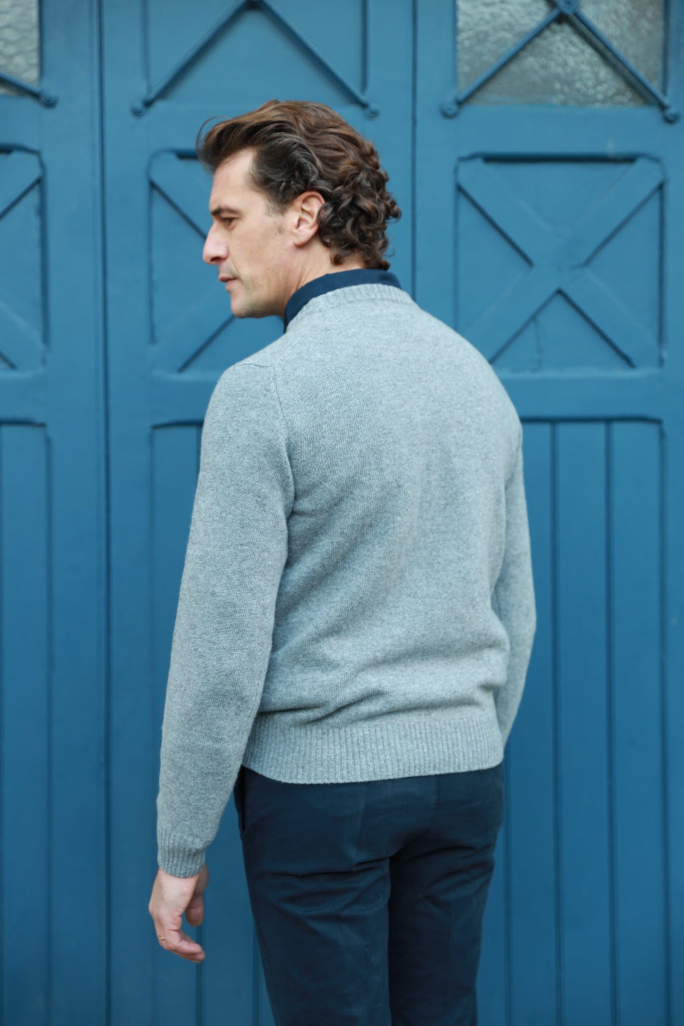 Pull Hugues col rond en laine & cachemire - Gris Moyen-PULL HOMME-Curling-Paris