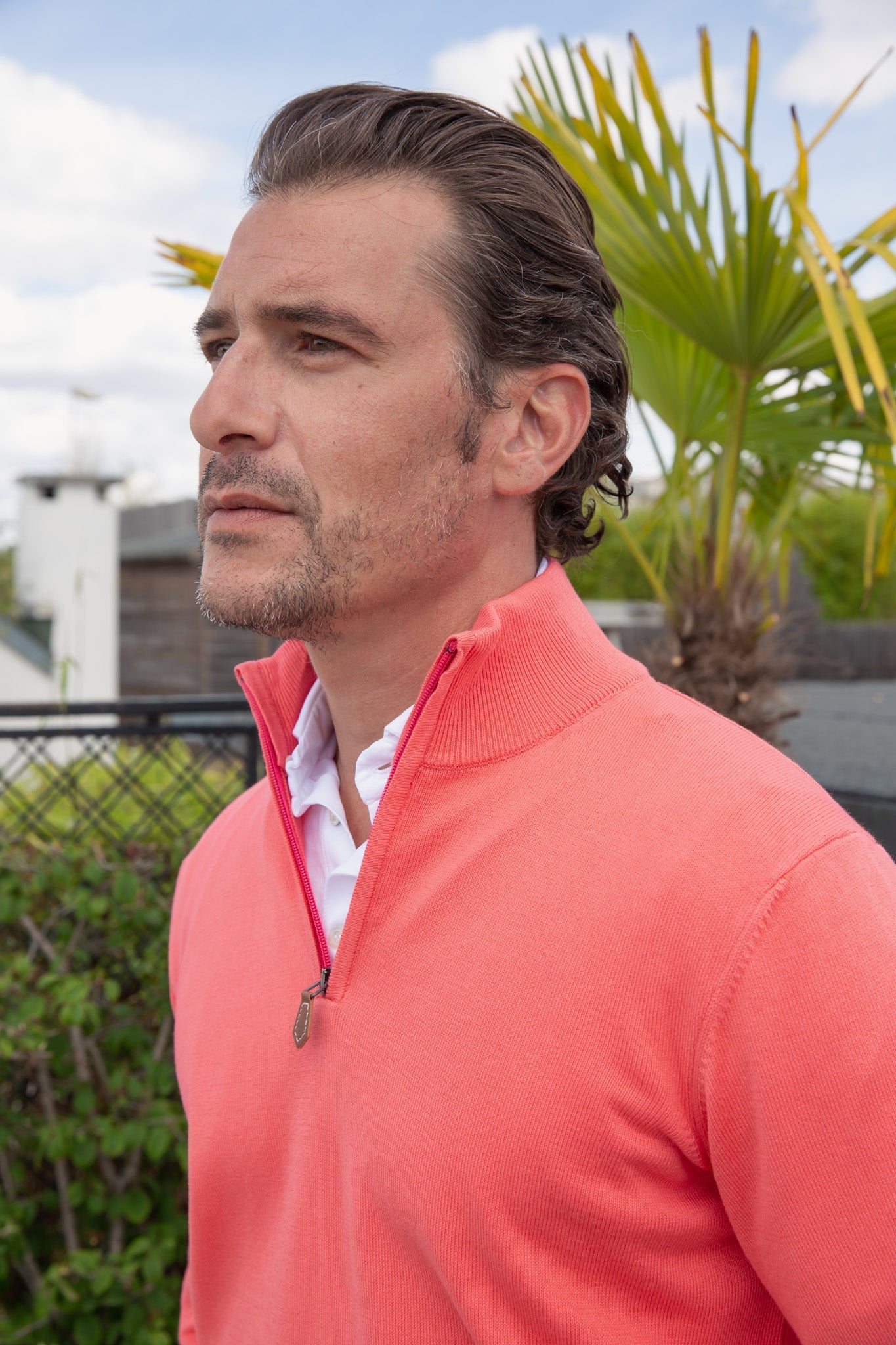 Pull John col zippé en coton avec coudières - Framboise-PULL HOMME-Curling-Paris
