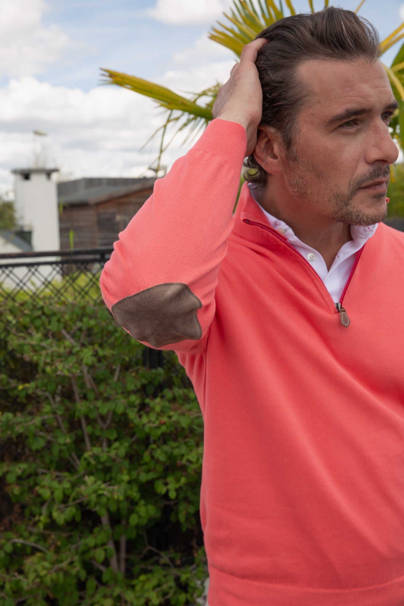 Pull John col zippé en coton avec coudières - Framboise-PULL HOMME-Curling-Paris