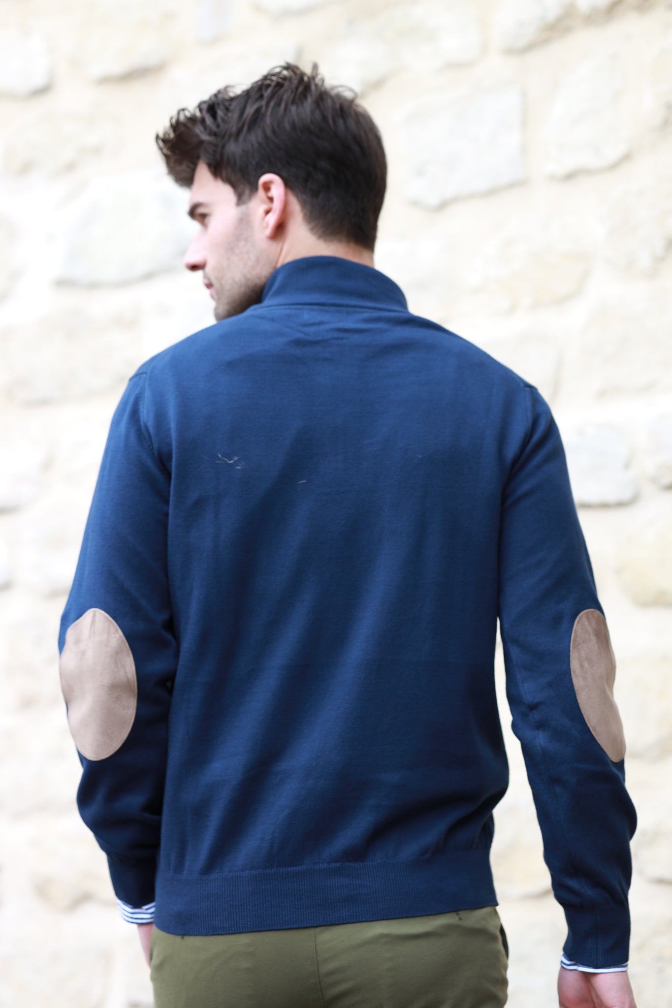 Pull John col zippé en coton avec coudières - Marine-PULL HOMME-Curling-Paris