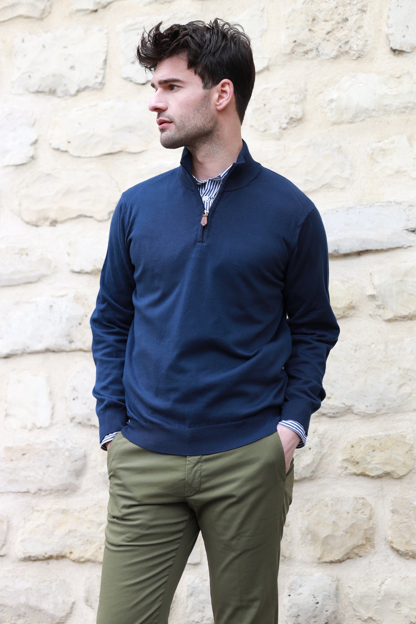 Pull John col zippé en coton avec coudières - Marine-PULL HOMME-Curling-Paris