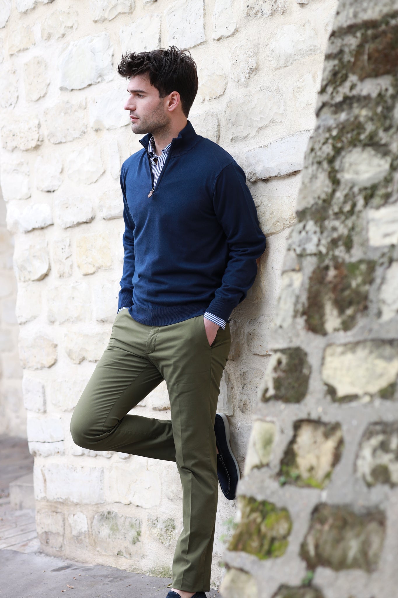 Pull John col zippé en coton avec coudières - Marine-PULL HOMME-Curling-Paris