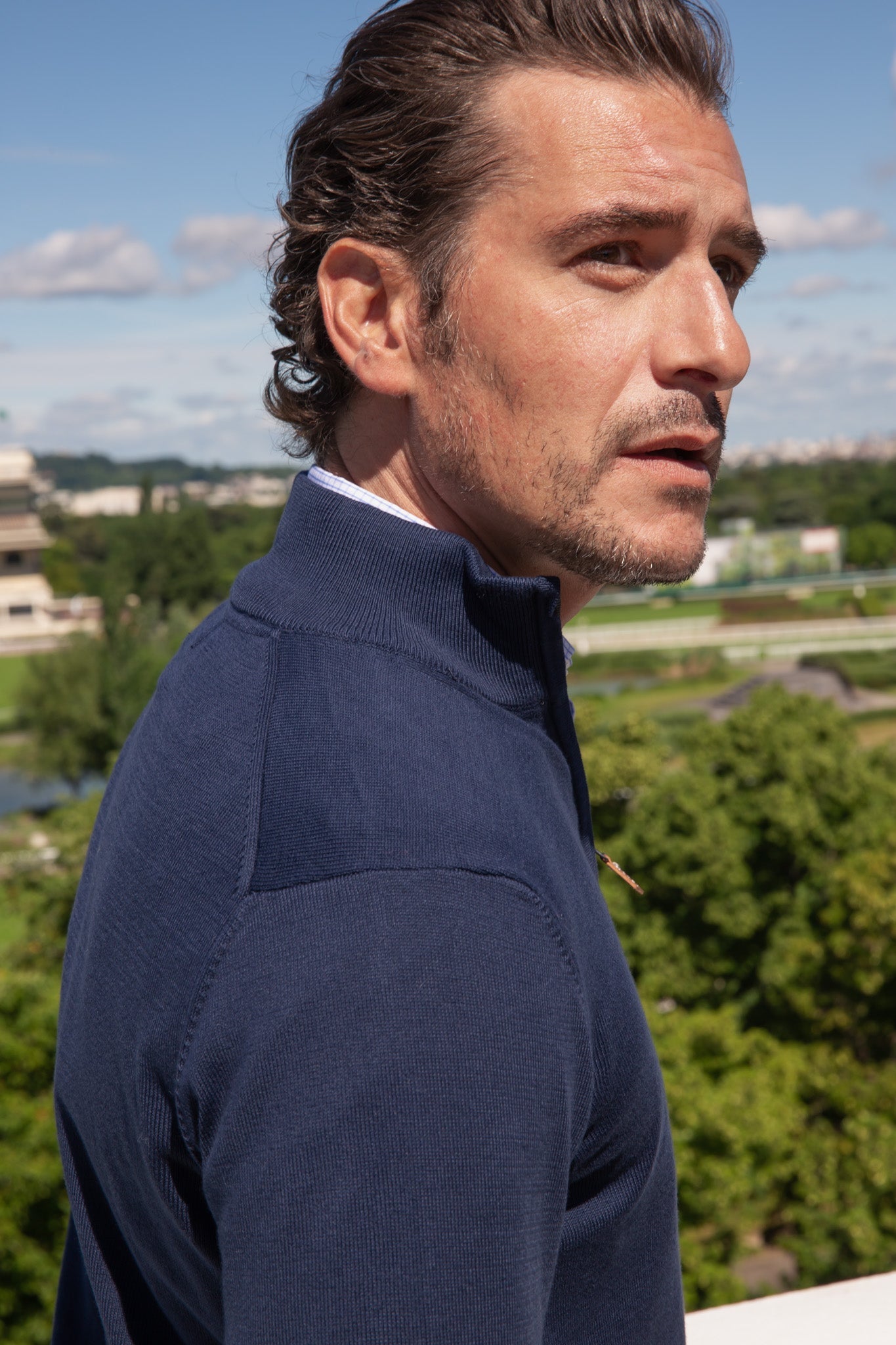 Pull John col zippé en coton avec coudières - marine-PULL HOMME-Curling-Paris