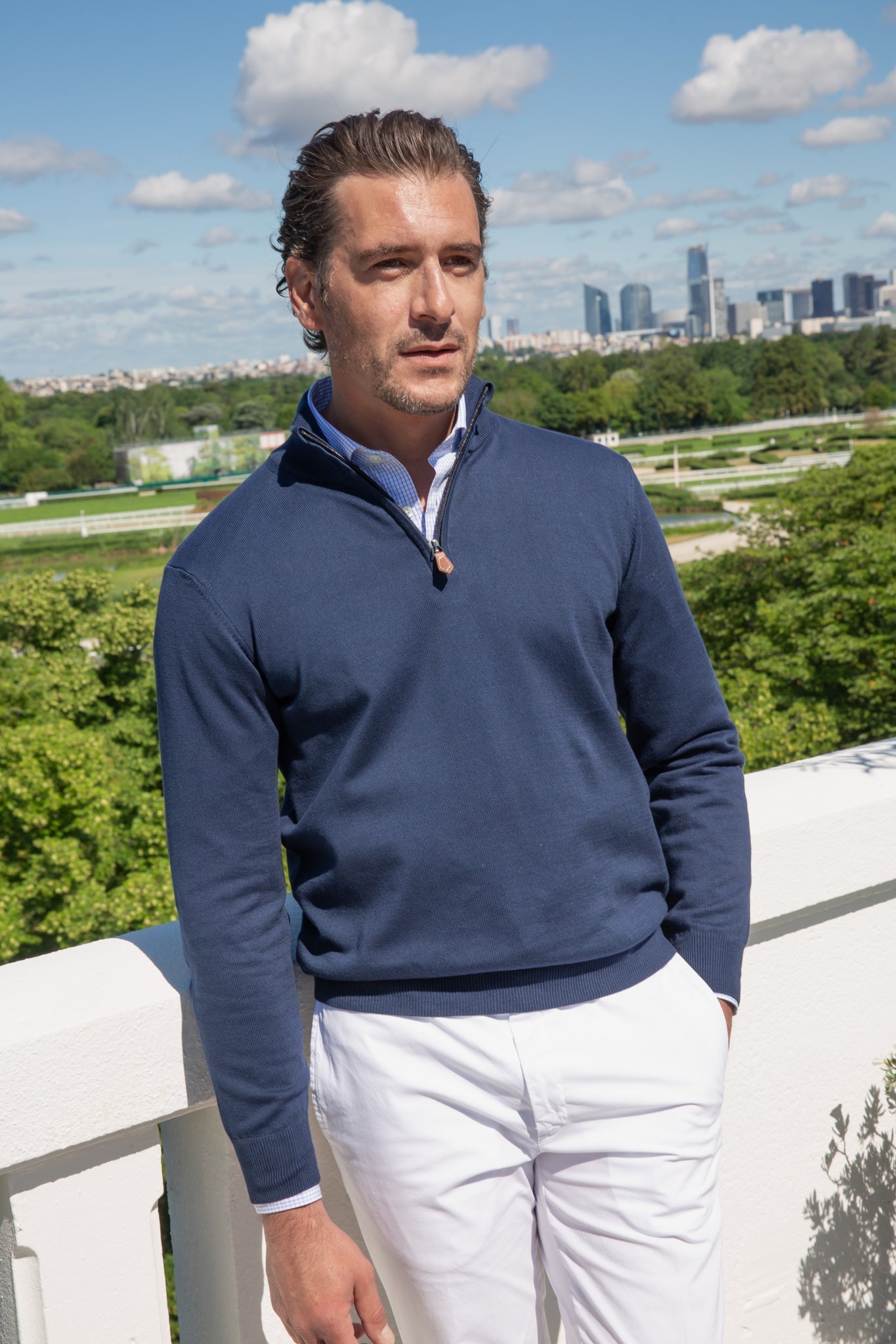 Pull John col zippé en coton avec coudières - marine-PULL HOMME-Curling-Paris