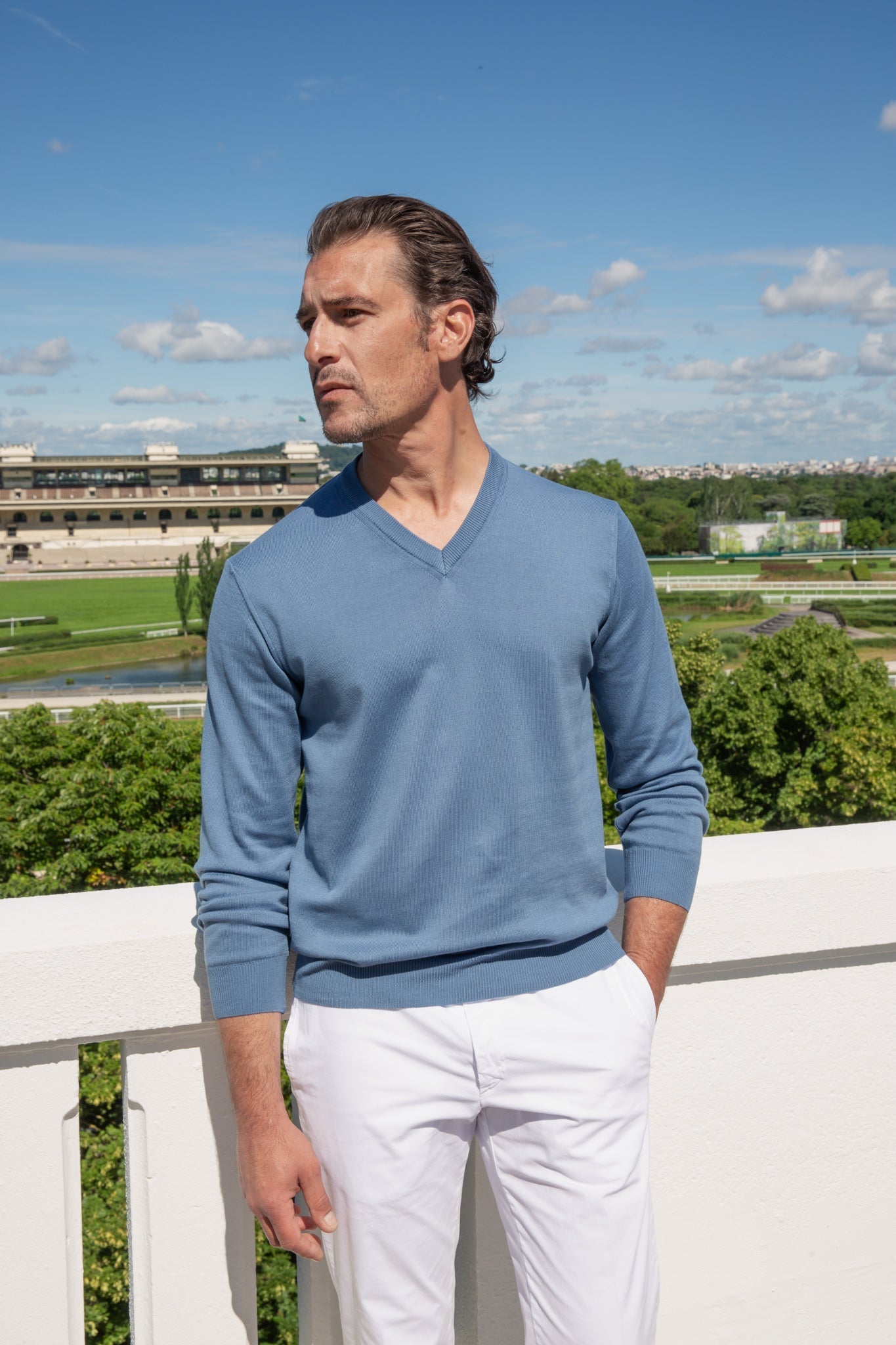 Pull Nico col v en coton avec coudières - Bleu-PULL HOMME-Curling-Paris