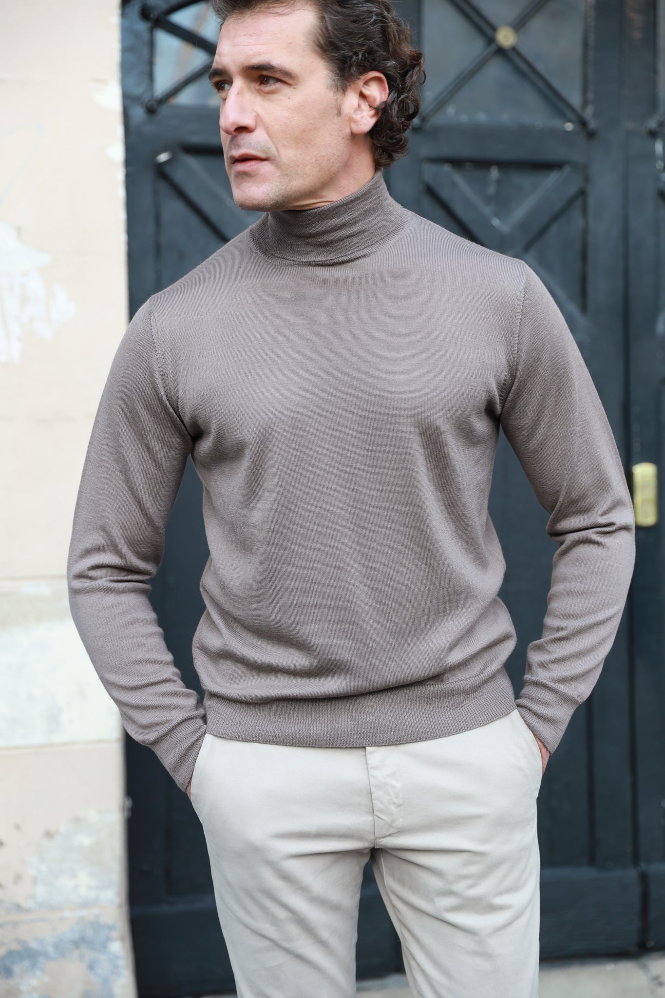 Pull Yves col roulé en laine mérinos - Taupe-PULL HOMME-Curling-Paris