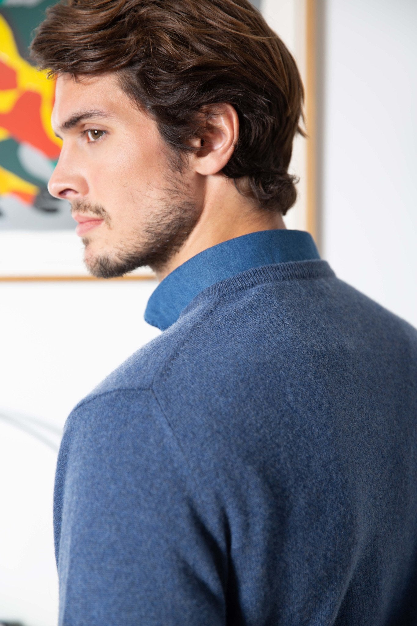 Pull col v en cachemire - Denim-PULL HOMME-Curling-Paris