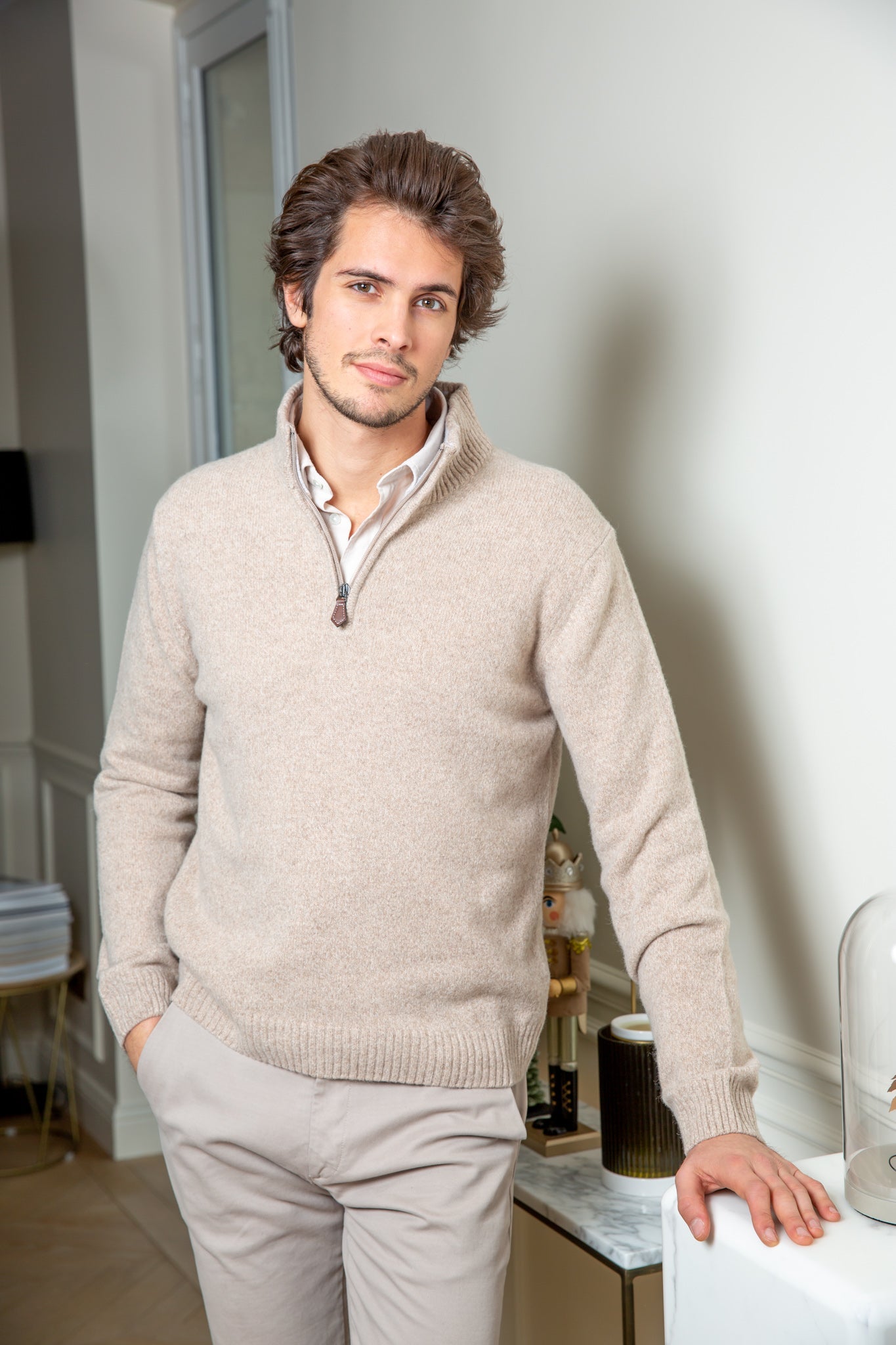 Pull col zippé Jude en Laine d’agneau - Ecru-PULL HOMME-Curling-Paris