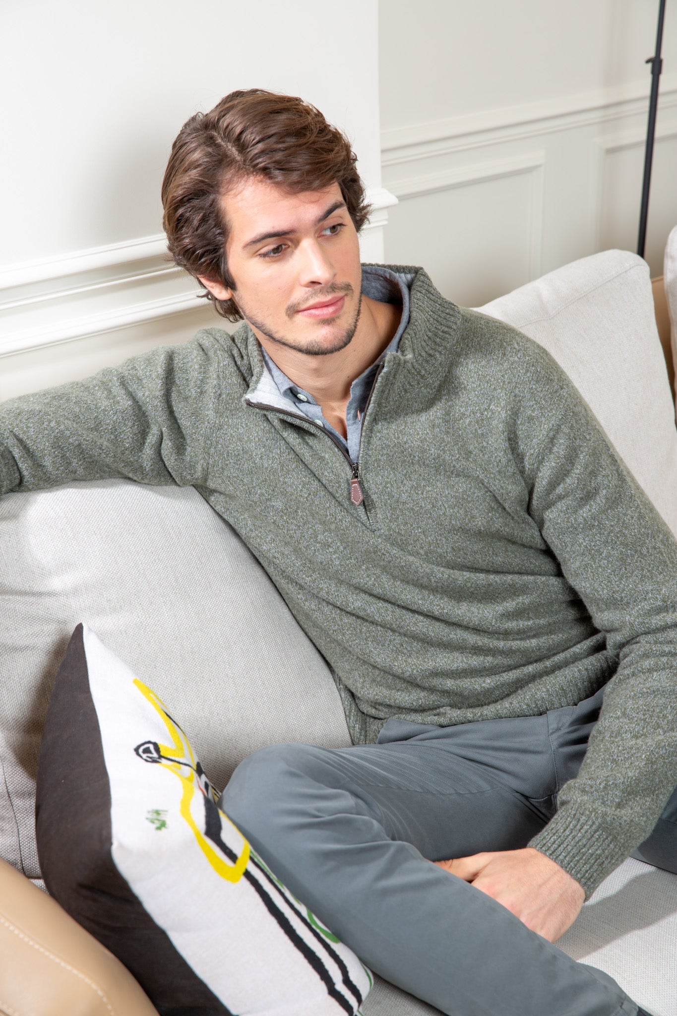 Pull col zippé Jude en Laine d’agneau - Kaki-PULL HOMME-Curling-Paris
