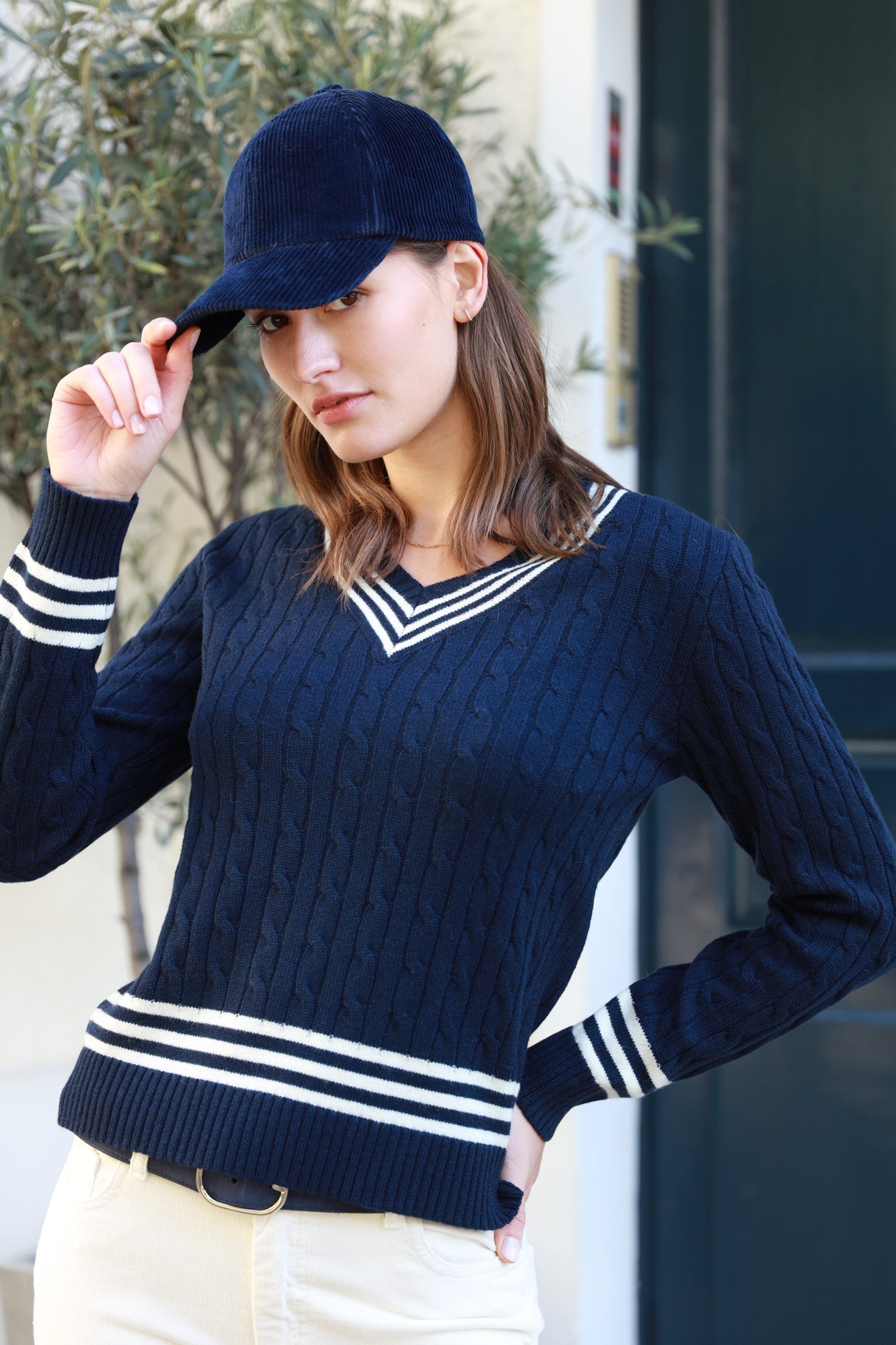 Pull maeva Col V en laine et cachemire - Marine-PULL FEMME-Curling-Paris