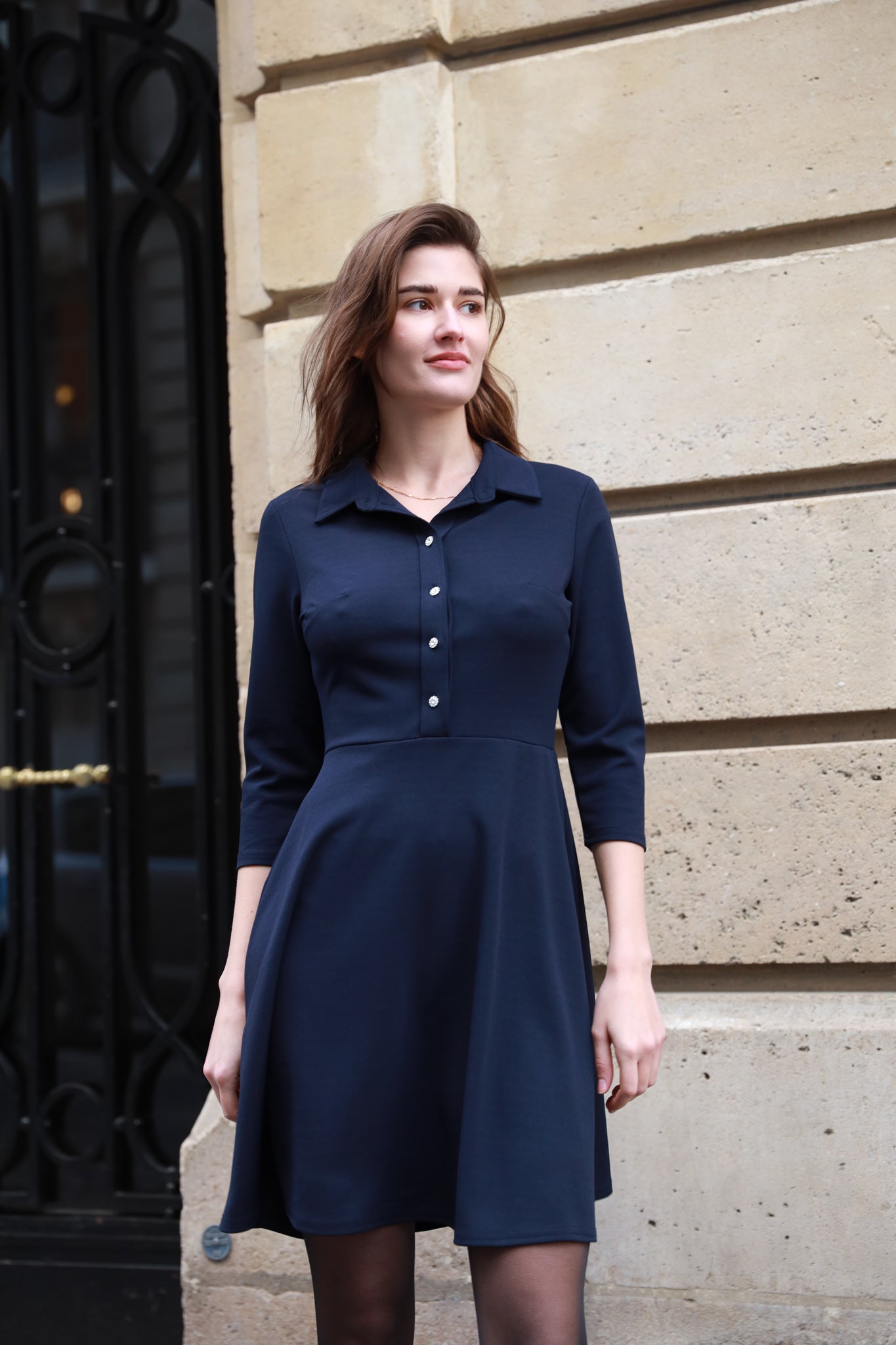 Robe Coline boutons bijoux - Marine-ROBE FEMME-Curling-Paris