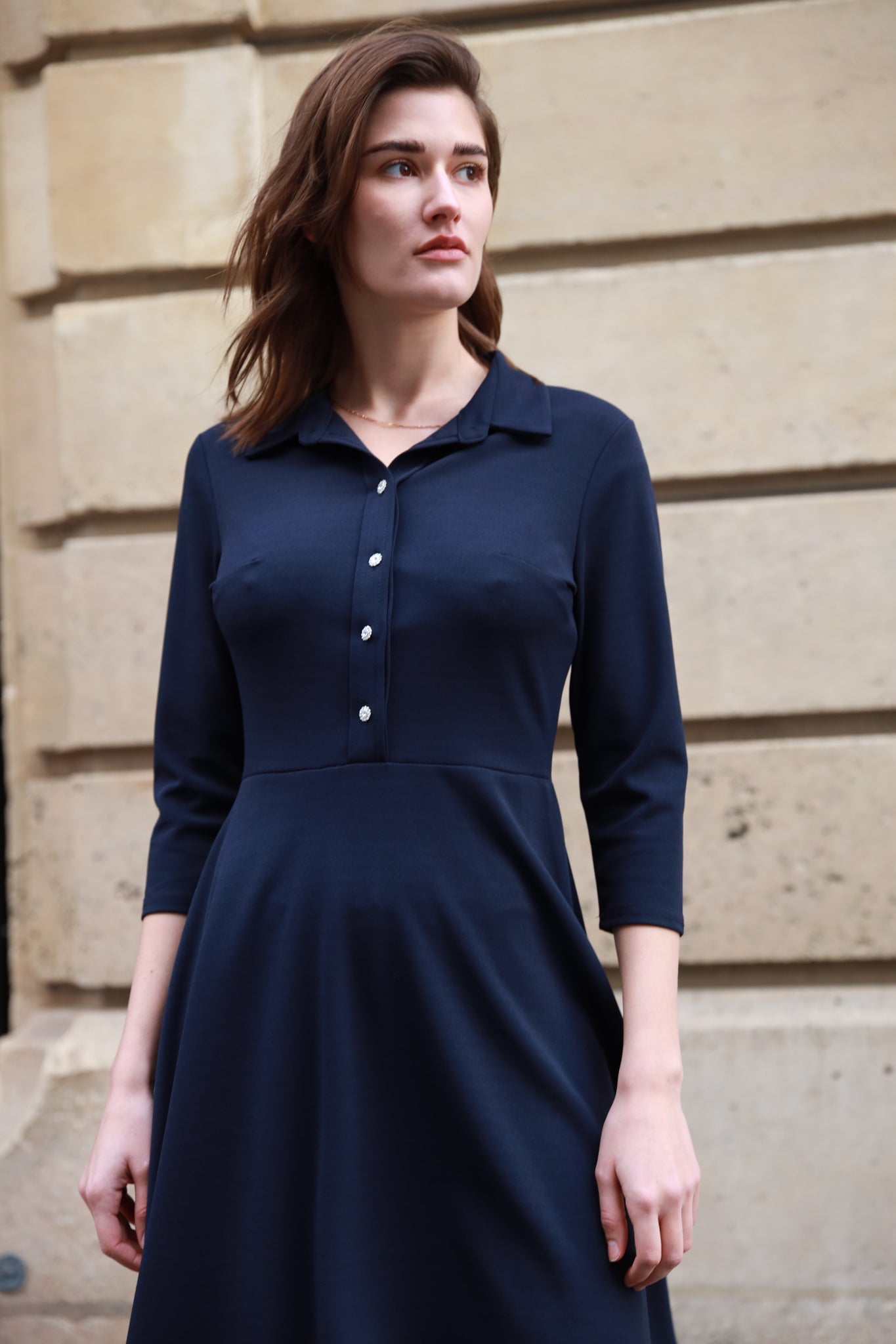 Robe Coline boutons bijoux - Marine-ROBE FEMME-Curling-Paris