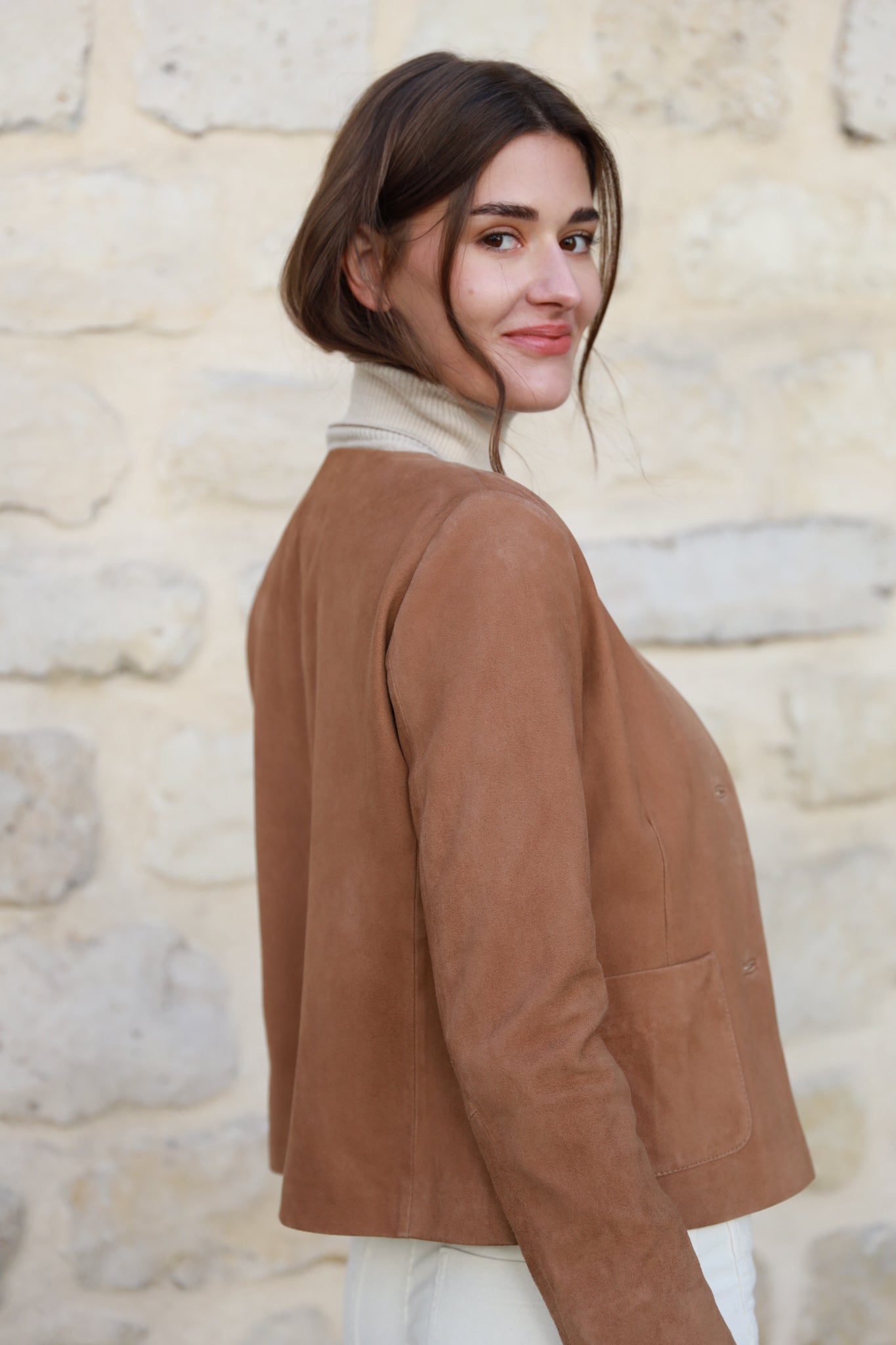 Veste Valeria courte en chèvre velours - Vison-VESTE BLAZER FEMME-Curling-Paris