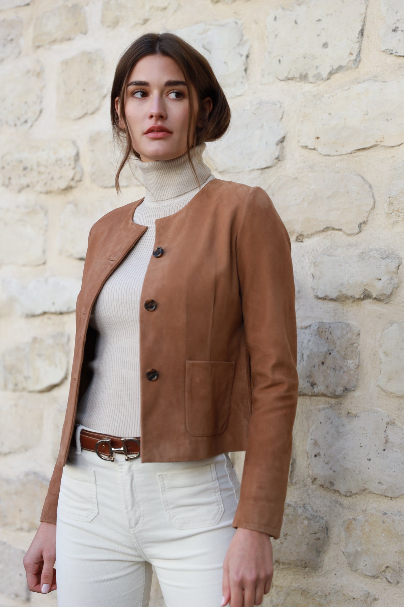 Veste Valeria courte en chèvre velours - Vison-VESTE BLAZER FEMME-Curling-Paris