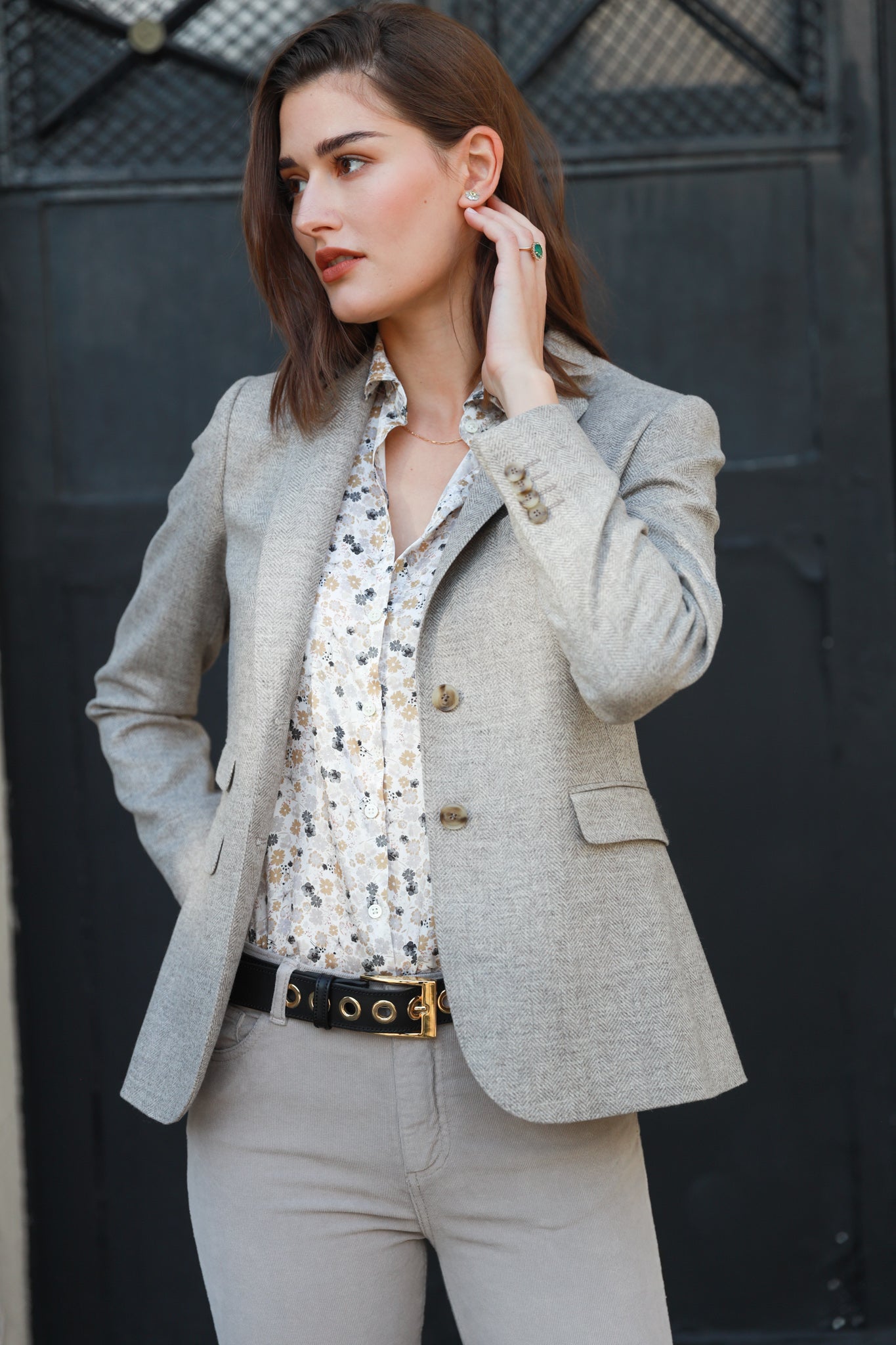 Veste Vesnove en laine et cachemire à chevrons - Mushroom-VESTE BLAZER FEMME-Curling-Paris