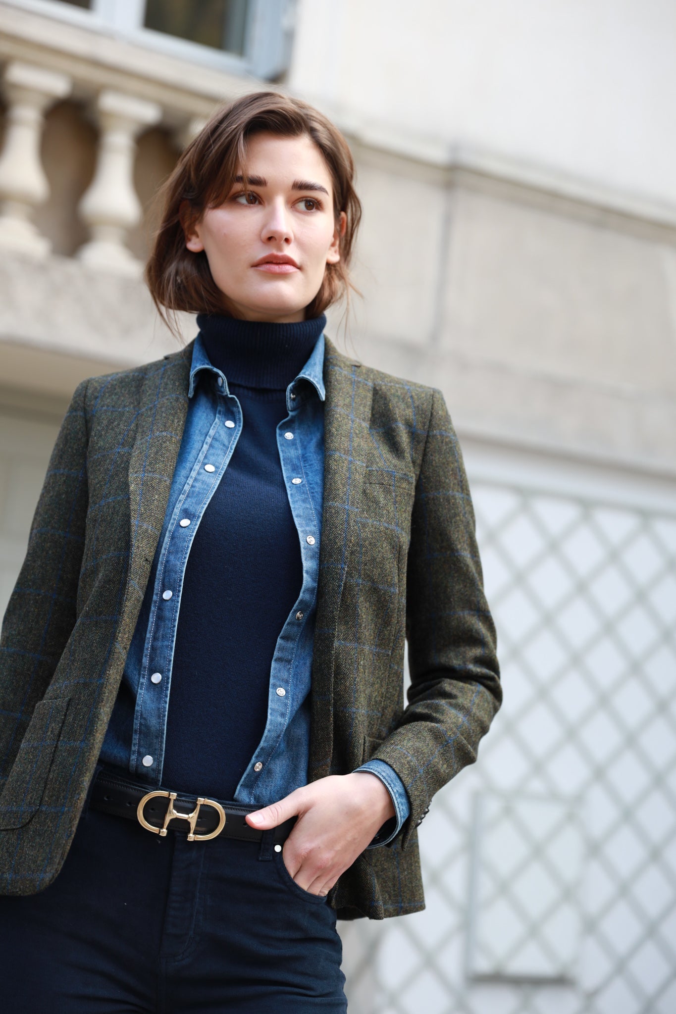 Veste Victoire en laine - Carreaux kaki-VESTE BLAZER FEMME-Curling-Paris