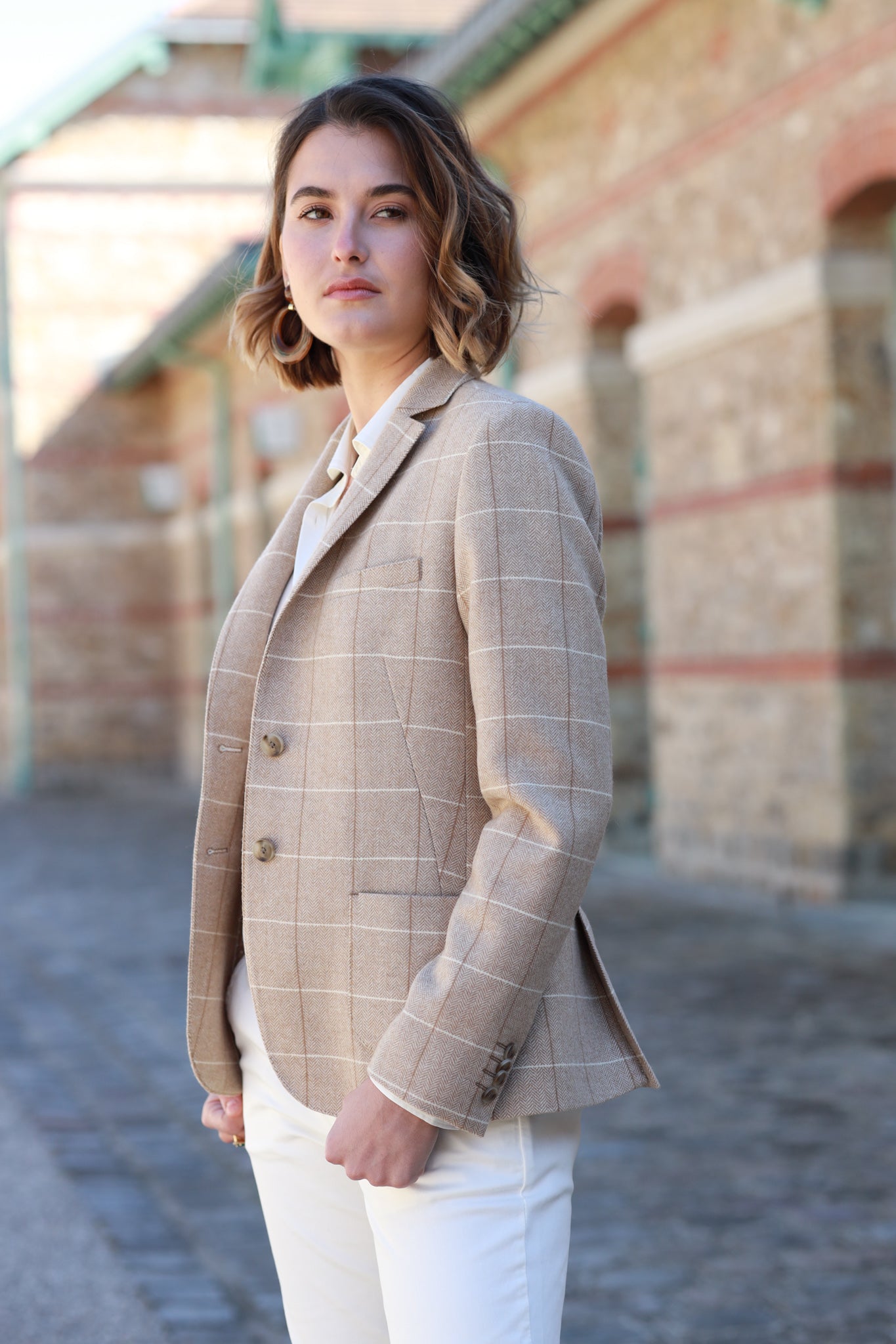 Veste Victoire en laine & camel hair - Carreaux beige-VESTE BLAZER FEMME-Curling-Paris