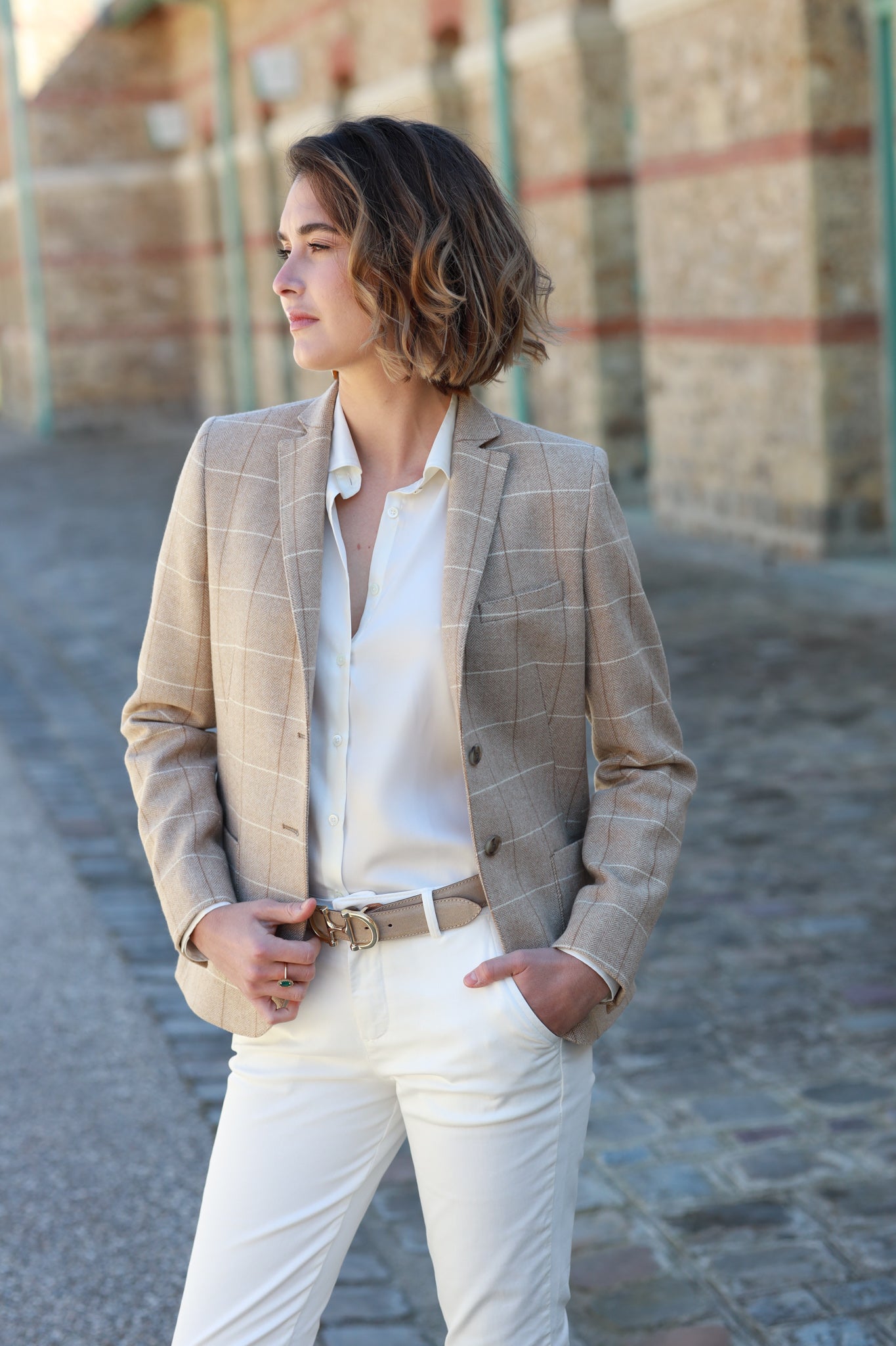 Veste Victoire en laine & camel hair - Carreaux beige-VESTE BLAZER FEMME-Curling-Paris