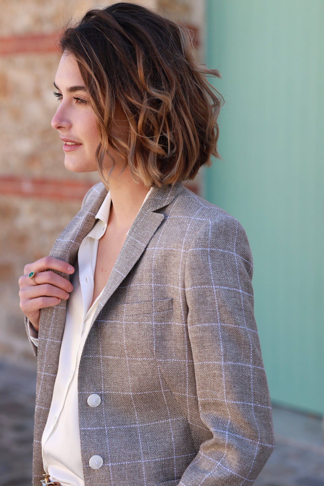 Veste Victoire en laine & lin - Carreaux beige-VESTE BLAZER FEMME-Curling-Paris