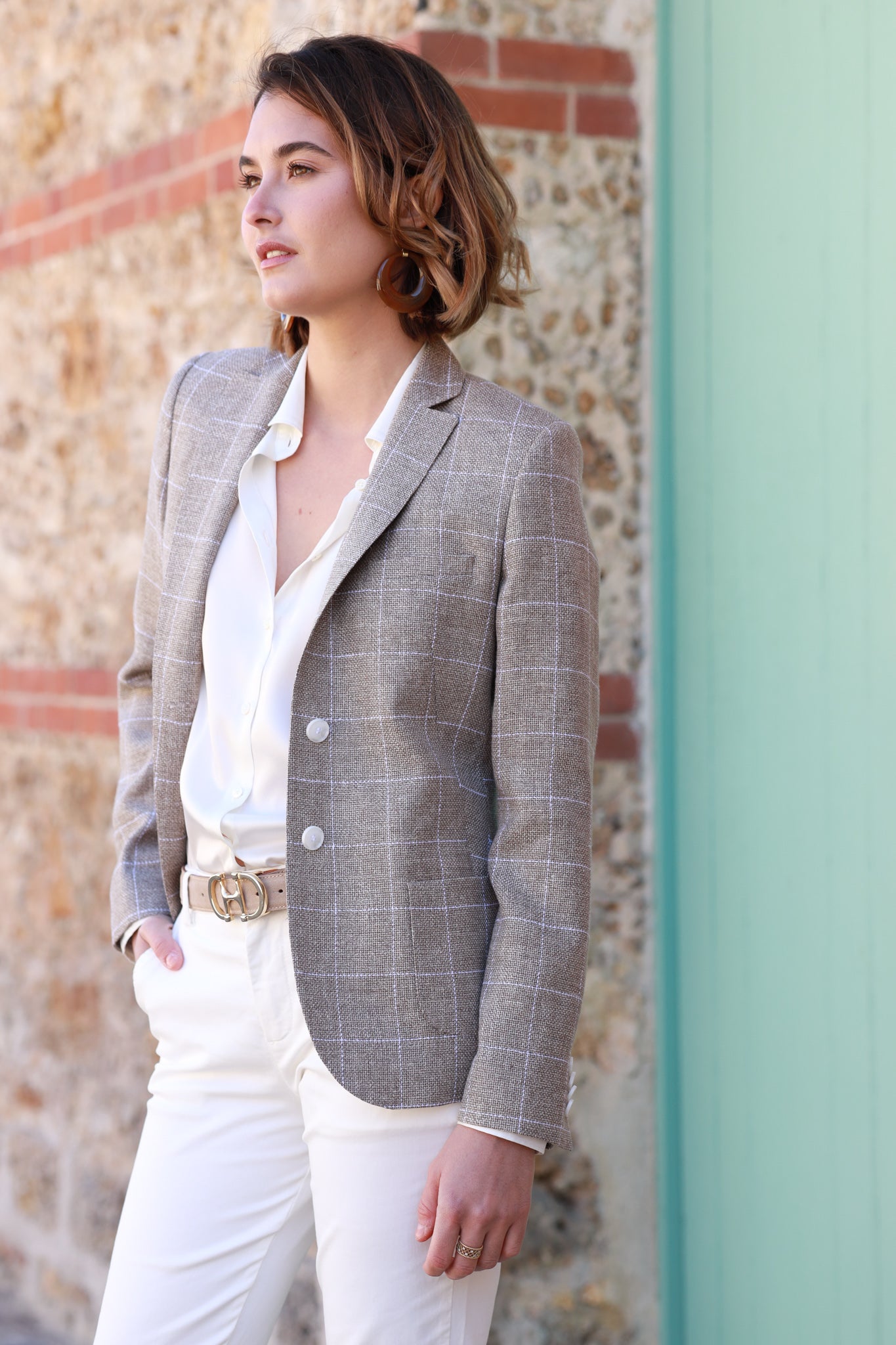 Veste Victoire en laine & lin - Carreaux beige-VESTE BLAZER FEMME-Curling-Paris
