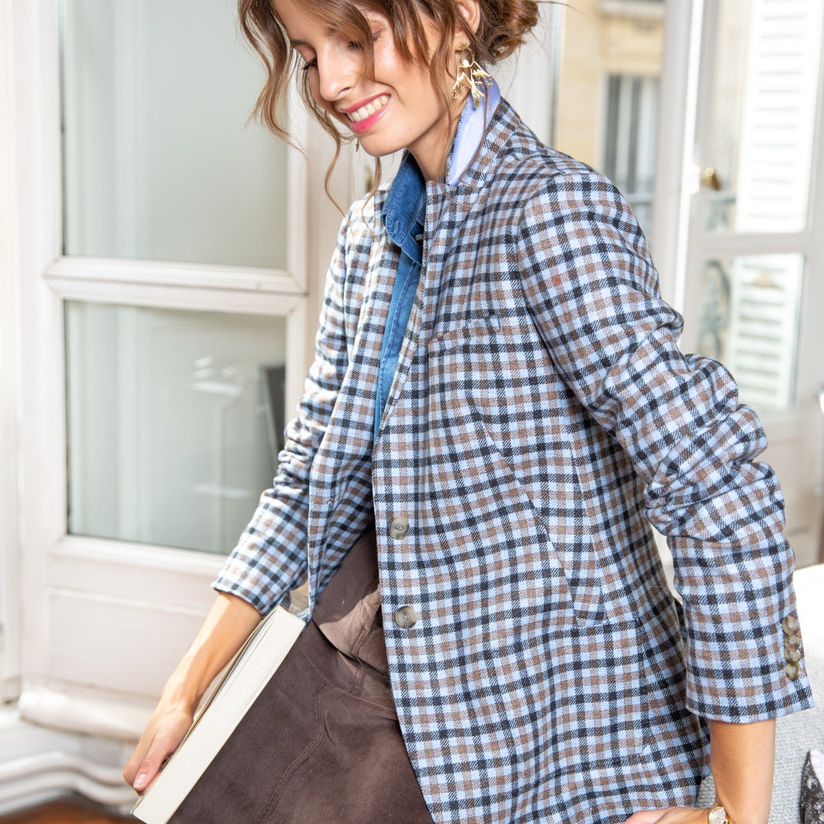 Veste femme à carreaux ciel et beige en laine Curling x Angelico