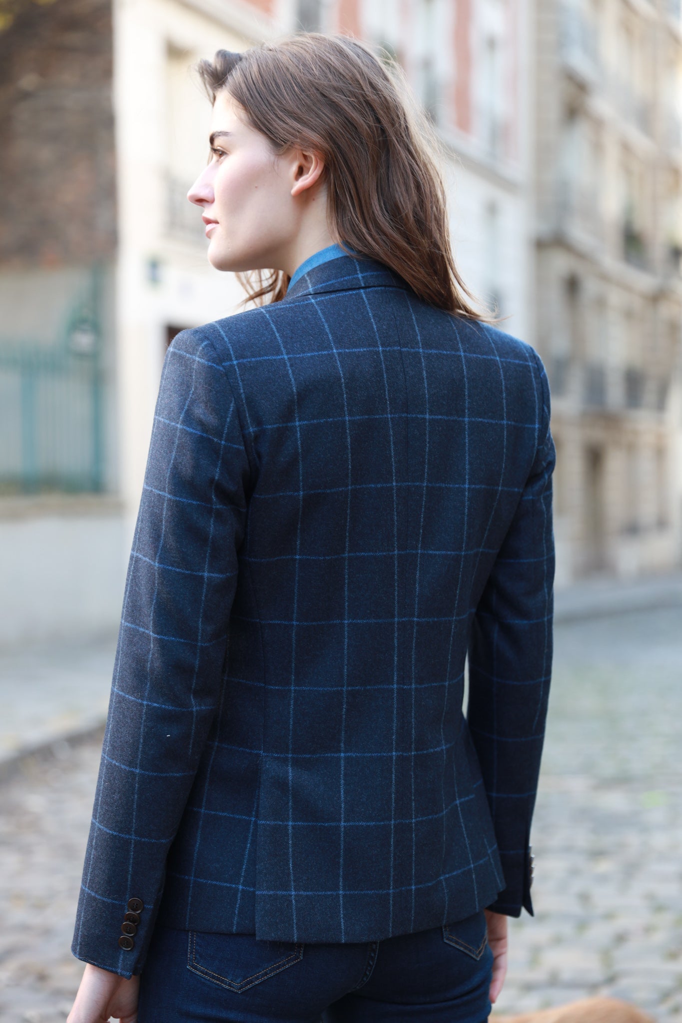 Veste Victoire en laine vierge à carreaux - Bleu-VESTE BLAZER FEMME-Curling-Paris