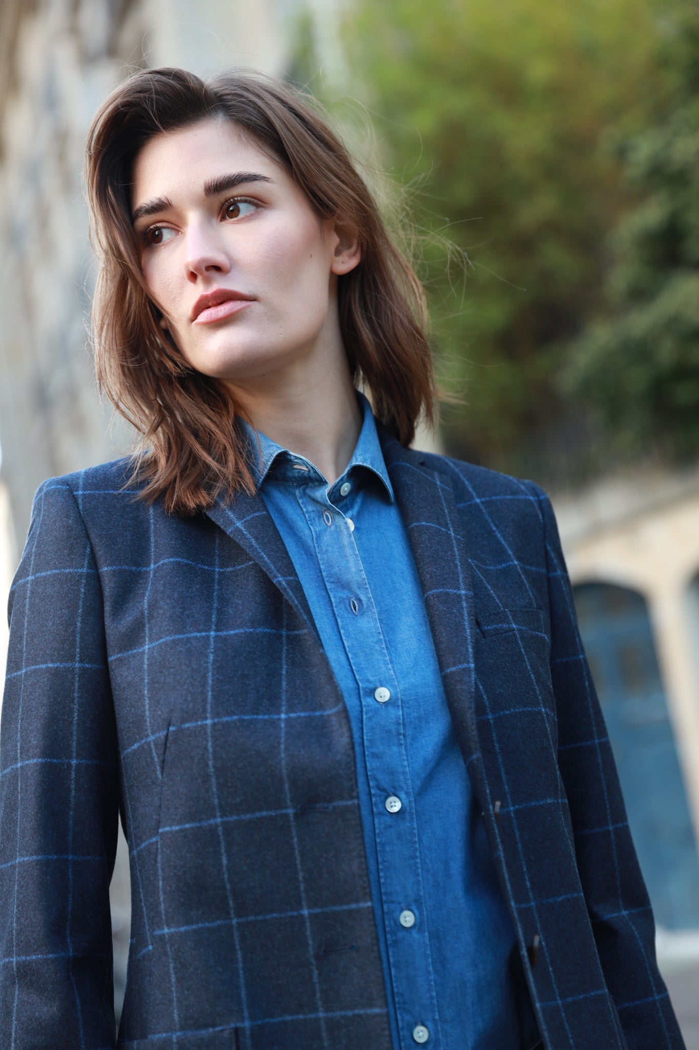 Veste Victoire en laine vierge à carreaux - Bleu-VESTE BLAZER FEMME-Curling-Paris