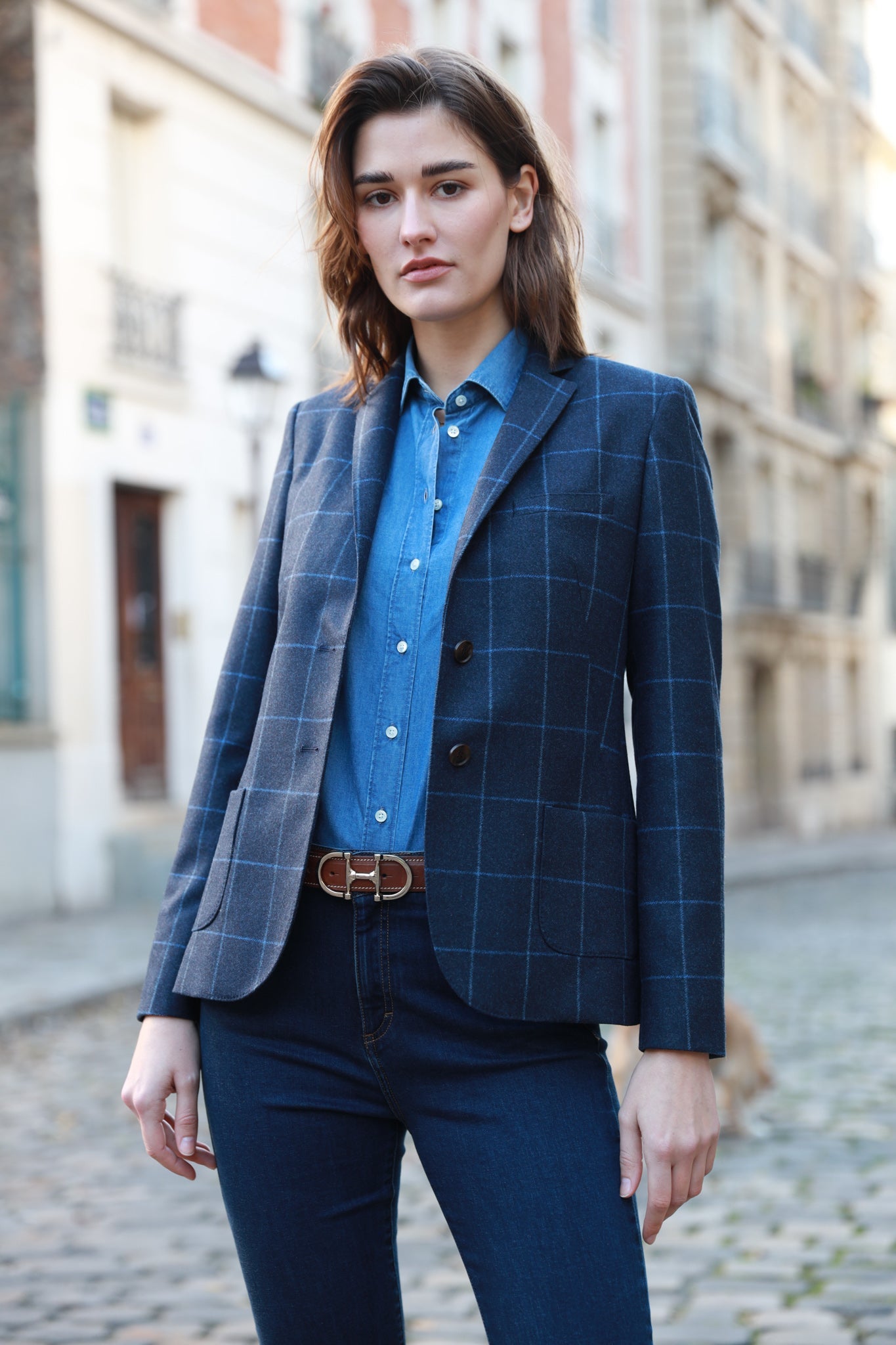 Veste Victoire en laine vierge à carreaux - Bleu-VESTE BLAZER FEMME-Curling-Paris