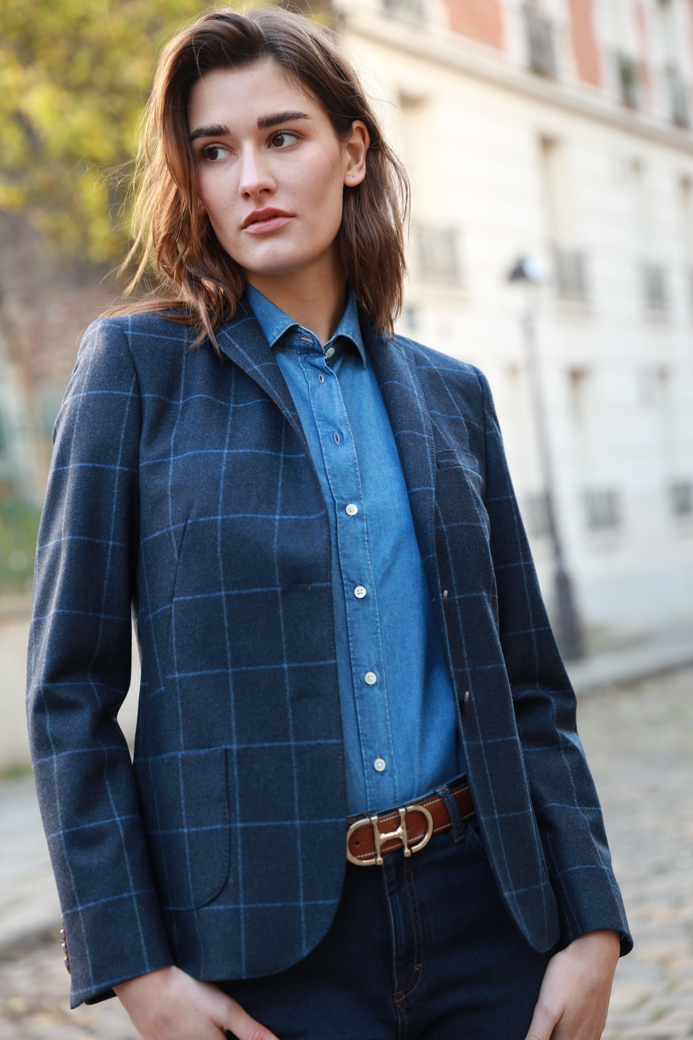 Veste Victoire en laine vierge à carreaux - Bleu-VESTE BLAZER FEMME-Curling-Paris