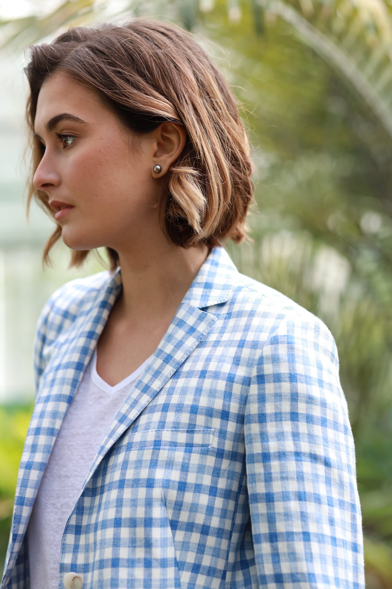 Veste Victoire en lin à carreaux - ciel & blanc-VESTE BLAZER FEMME-Curling-Paris